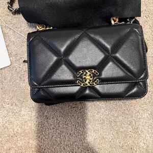 CHANEL 19 Black Quilted Leather Crossbody w/ Gold CC Turn-Lock - Wallet on Chain